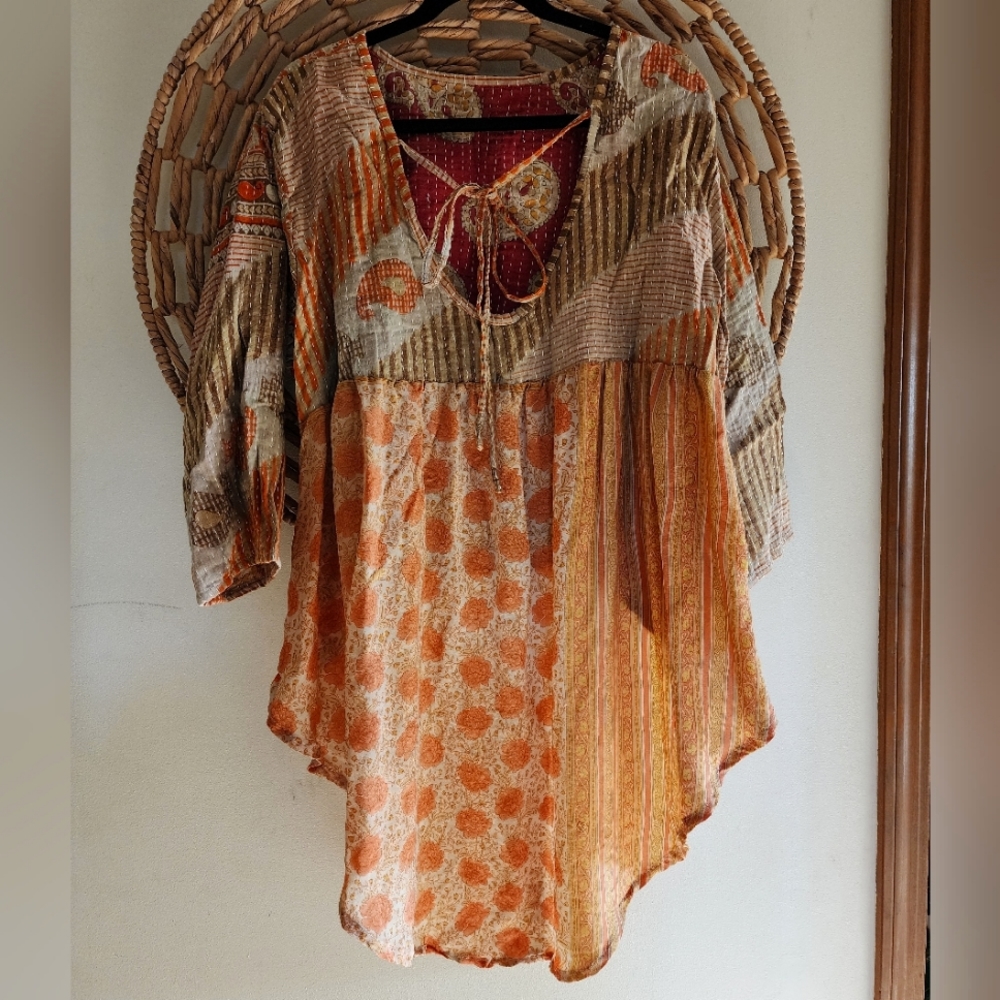 Kantha Bae Patchwork Blouse Free Size Orange & Brown, Fall Boho Sustainable EUC